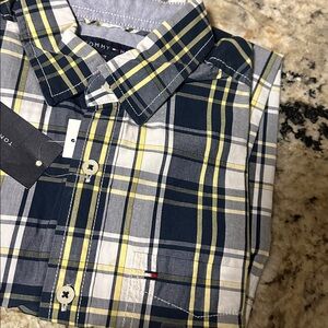 Tommy Hilfiger Men's Navy and Yellow Plaid Shirt